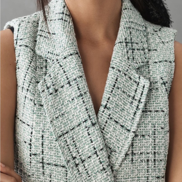 ANTHRO Tweed Vest Green Plaid Sleeveless Blazer Button Up Front Pockets Lined - Picture 3 of 10